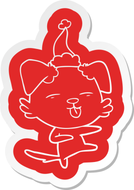 Bir insan tarafından çizilmiş Noel Baba şapkasıyla dans eden köpek çıkartması.