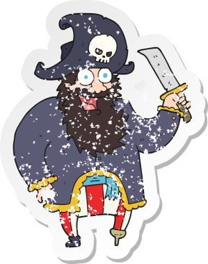 Bir insan tarafından çizilmiş korsan karikatür kaptanının sıkıntılı retro yapıştırması.