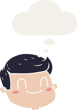 Düşünce baloncuğu olan erkek yüzü bir insan tarafından çizilmiş.