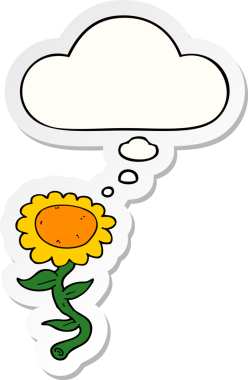 Düşünce baloncuğu insan tarafından çizilmiş bir çıkartma olan ayçiçeği çizgi filmi.