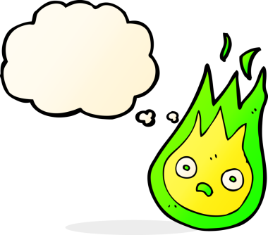 Bir insan tarafından çizilmiş düşünce baloncuklu çizgi film arkadaşı alev topu.