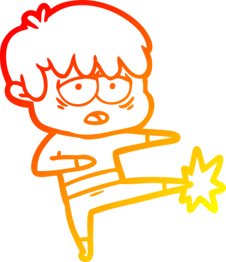 Bir insan tarafından çizilmiş karate yapan yorgun bir çocuğun çizgi çizimi.