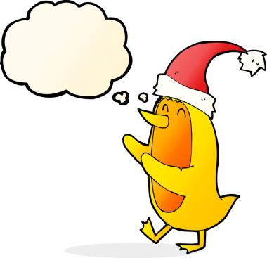Bir insan tarafından çizilmiş düşünce baloncuklu Xmas şapkalı çizgi film kuşu.