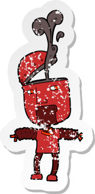 Bir insan tarafından çizilmiş açık kafalı komik bir robot çizgi film çıkartması.