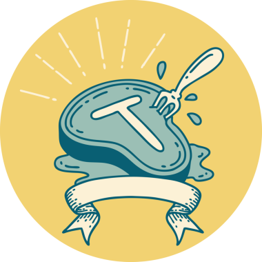 Bir insan tarafından çizilmiş dövme stili biftek ve çatalın simgesi.