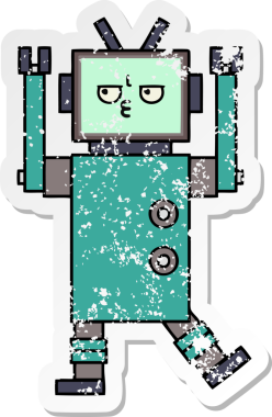 Bir insan tarafından çizilmiş sevimli bir robot çizgi film çıkartması.