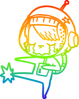 Gökkuşağı gradyan çizgi çizimi bir insan tarafından çizilmiş ağlayan astronot kız tekmesi.