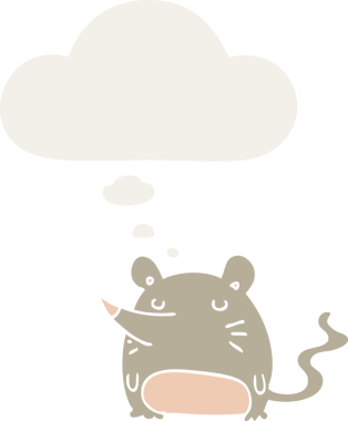 Düşünce baloncuğu olan çizgi film faresi insan tarafından çizilmiş.