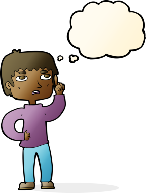 Bir insan tarafından çizilmiş düşünce baloncuğuyla soru soran çizgi film çocuğu.