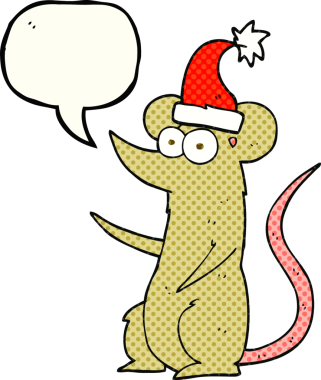 El yazısıyla çizilmiş çizgi roman konuşma balonu çizgi film faresi bir insan tarafından çizilmiş noel şapkası giyiyor.