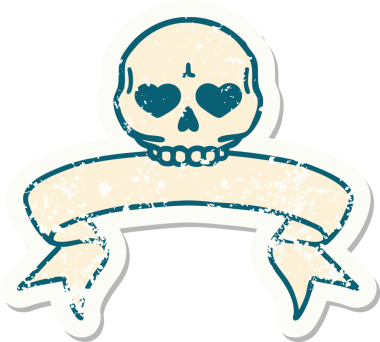 Bir insan tarafından çizilmiş kafatasının pankartıyla eski bir etiket.