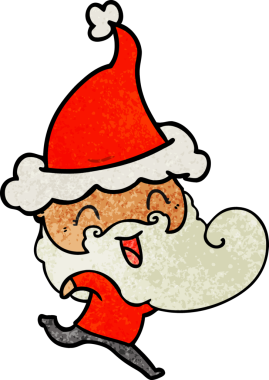 Bir insan tarafından çizilmiş Noel Baba şapkası giyen mutlu sakallı adam.
