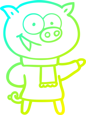 Bir insan tarafından çizilmiş kışlık kıyafet giymiş neşeli bir domuzun çizimi.