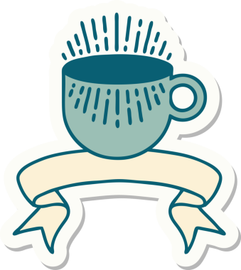 Bir insan tarafından çizilmiş bir fincan kahve sancağıyla dövme stili çıkartması.