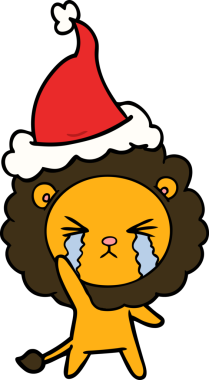 Bir insan tarafından çizilmiş Noel Baba şapkası giymiş ağlayan bir aslanın el çizimi.