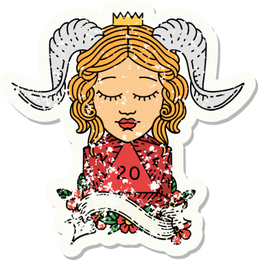 Bir insan tarafından çizilmiş doğal yirmilik zarla süslenmiş grunge çıkartması.