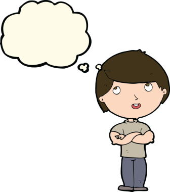 Bir insan tarafından çizilmiş düşünce baloncuğu olan katlanmış kollu mutlu adam çizgi filmi.