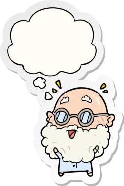 Çizgi film yaşlı adamı şaşırttı. Düşünce baloncuğuyla bir insan tarafından çizilmiş çıkartma gibi.