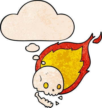 Bir insan tarafından çizilmiş grunge dokusunda düşünce baloncuğu olan alevli bir kafatası.