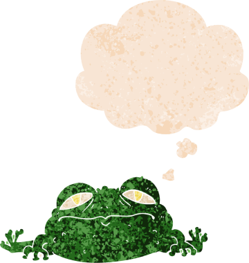 çizgi film karakteri çirkin kurbağa grunge 'da düşünce baloncuğu sıkıntılı retro dokuma tarzı bir insan tarafından çizilmiş