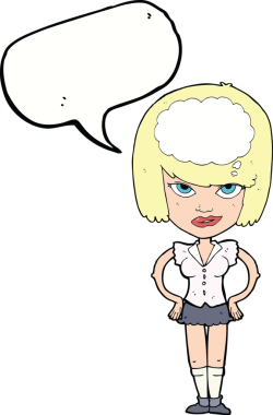 Bir insan tarafından çizilmiş bir konuşma balonuyla düşünen karikatür kadını.