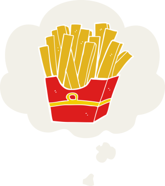 Düşünce baloncuğu olan çizgi film kızartmaları insan tarafından çizilmiş.