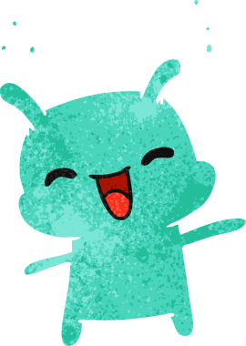 Eski çizgi film illüstrasyonu kawaii sevimli mutlu uzaylı bir insan tarafından çizilmiş.