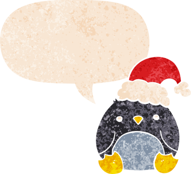 Sevimli penguen çizgi filmi, noel şapkası takıyor ve konuşma baloncuğu ile grunge dertli eski moda bir insan tarafından çizilmiş.