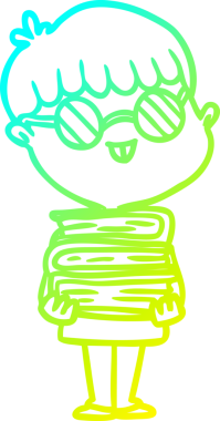 Bir insan tarafından çizilmiş gözlüklü ve kitaplı bir inek çizgi film karakteri çizimi.