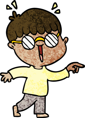 Bir insan tarafından çizilmiş gözlük takan çizgi film çocuğu.