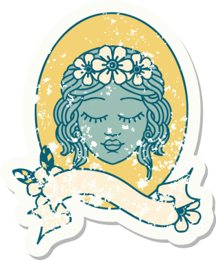 Bir insan tarafından çizilmiş gözleri olan bir bakirenin bayrağını taşıyan eski bir etiket.