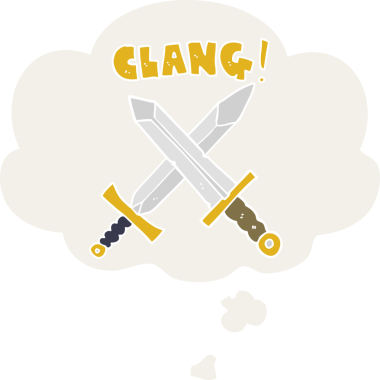 Düşünce baloncuğuyla bir insan tarafından çizilmiş bir kılıç dövüşü.