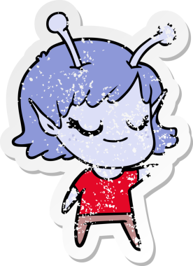 Bir insan tarafından çizilmiş gülümseyen uzaylı kız çizgi filminin sıkıntılı çıkartması.