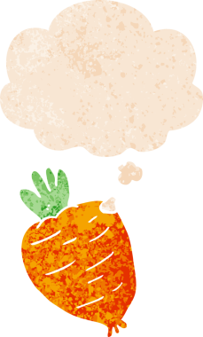 Düşünce baloncuklu karikatür kökü sebzesi grunge sıkıntılı retro dokuma tarzı bir insan tarafından çizilmiş