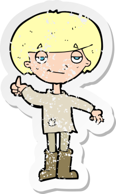 Kötü giyinmiş, insan tarafından çizilmiş baş parmağını gösteren bir çizgi film karakterinin gerilimli retro çıkartması.