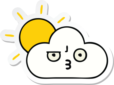 Bir insan tarafından çizilmiş şirin bir karikatür güneş ışığı ve bulut çıkartması.