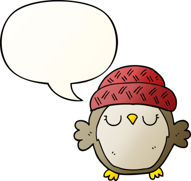 Bir insan tarafından çizilmiş yumuşak eğimli konuşma baloncuğu olan şapkalı sevimli çizgi film baykuşu.