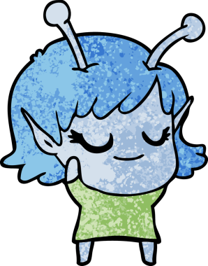 Bir insan tarafından çizilmiş gülümseyen uzaylı kız çizgi filmi.