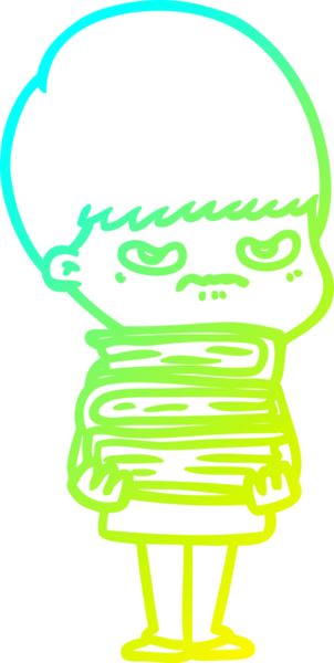 Bir insanın çizdiği kitaplarla kızgın bir çizgi film çocuğunun soğuk gradyan çizimi.