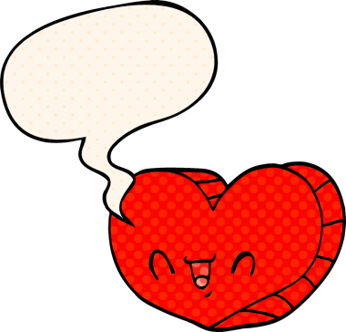 Çizgi roman tarzında bir insan tarafından çizilmiş, konuşma baloncuklu karikatür kalbi.