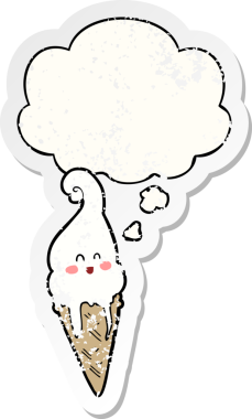 Düşünce baloncuklu çizgi film dondurması insan tarafından çizilmiş yıpranmış bir çıkartma gibi.