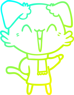 Bir insan tarafından çizilmiş, kışın giydirilmiş mutlu, küçük bir köpek çizimi.