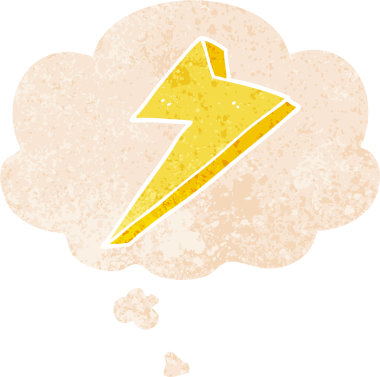 Düşünce baloncuklu karikatür yıldırımı grunge sıkıntılı retro tarzı bir insan tarafından çizilmiş