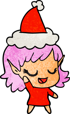 Mutlu el çizimi bir insan tarafından çizilmiş Noel Baba şapkası takan bir elf kızı.