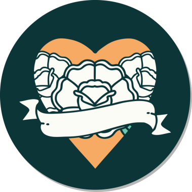 Geleneksel kalp stili dövme çıkartması ve bir insan tarafından çizilmiş çiçekli pankart.