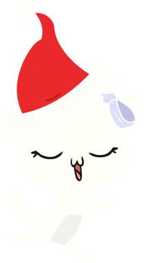 El çizimi düz renkli, başı fiyonklu bir kedi Noel Baba şapkası giymiş bir insan tarafından çizilmiş.