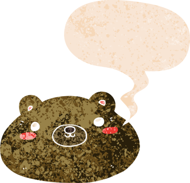 Bir insan tarafından çizilmiş grunge sıkıntılı retro biçimli konuşma balonu ile çizgi film ayısı