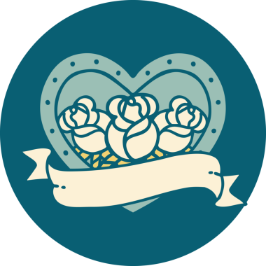 İkonik dövme stili bir kalp ve bir insan tarafından çizilmiş çiçekli pankart.