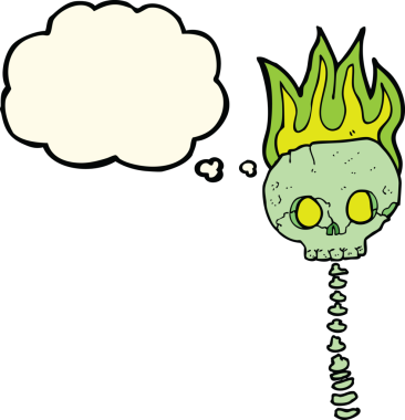 Bir insan tarafından çizilmiş düşünce baloncuklu korkunç kafatası ve omurga.