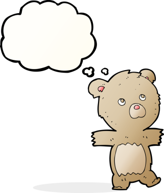 Bir insan tarafından çizilmiş düşünce baloncuklu şirin oyuncak ayı.